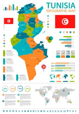 Tunus - Infographic harita ve bayrak - detaylı vektör çizim