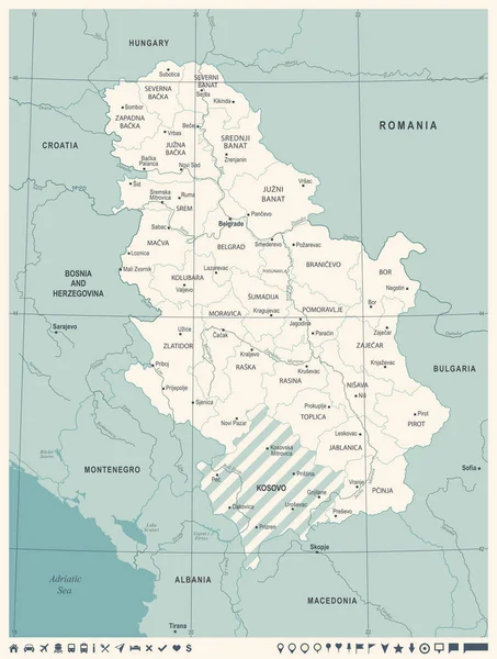 Mapa da Sérvia - Ilustração vetorial detalhada vintage — Vetor de Stock