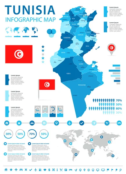 Túnez - Mapa infográfico y bandera - Ilustración vectorial detallada — Vector de stock