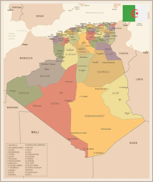 Argelia - Mapa y bandera vintage - Ilustración vectorial detallada — Archivo Imágenes Vectoriales