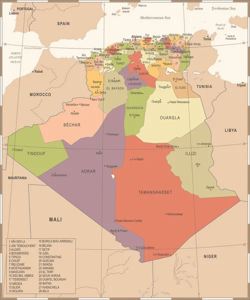 アルジェリア地図 - ヴィンテージの詳細なベクトル図 — ストックベクタ