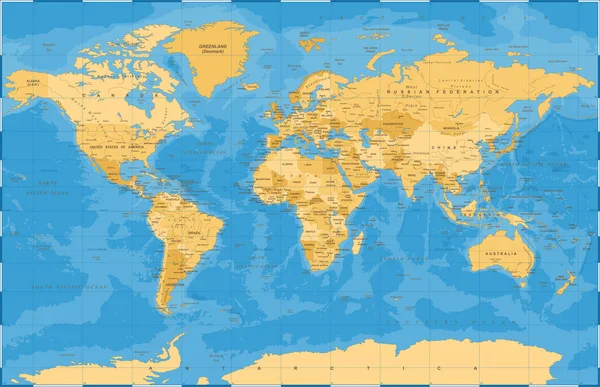 Politik Golden Blue World Map Vector - Stok Vektor