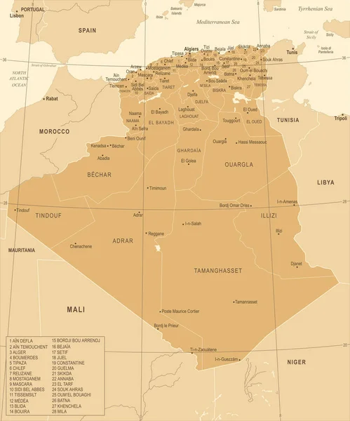Mapa da Argélia - Ilustração vetorial detalhada vintage — Vetor de Stock