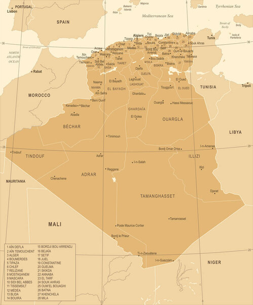 Карта Алжира - Vintage Detailed Vector Illustration
