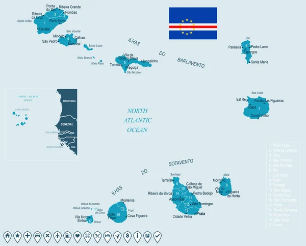 Kaapverdië - kaart en vlag - gedetailleerde vectorillustratie — Stockvector