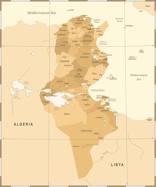 Χάρτης Τυνησίας - Vintage λεπτομερείς διανυσματικά εικονογράφηση — Διανυσματικό Αρχείο