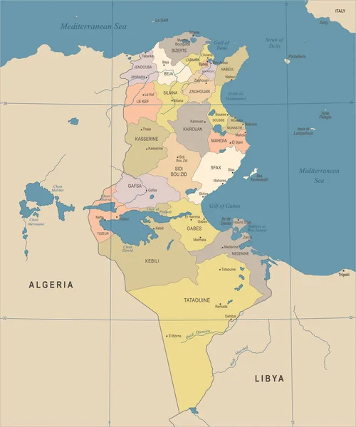 Mapa Tunísia - Ilustração vetorial detalhada vintage —  Vetores de Stock
