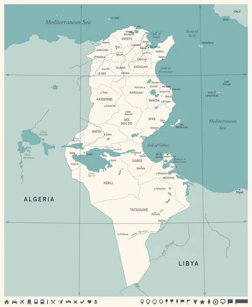 チュニジア地図 - ヴィンテージの詳細なベクトル図 — ストックベクタ