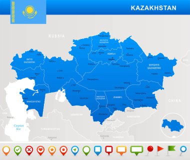 Kazakistan - harita, bayrak ve gezinme simgeleri - detaylı vektör çizim