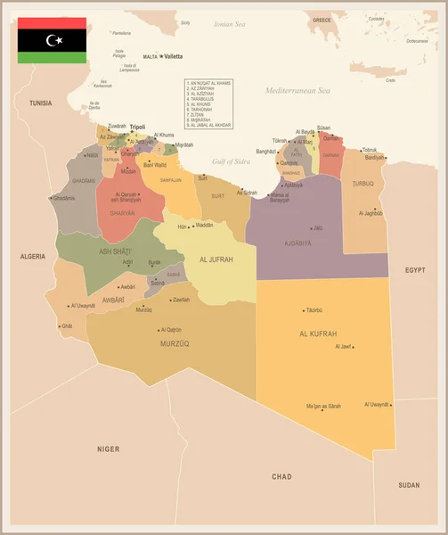 Libia - vintage mapę i flagi - Szczegółowa ilustracja wektorowa — Wektor stockowy