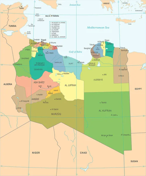 Libië kaart - gedetailleerde vectorillustratie — Stockvector