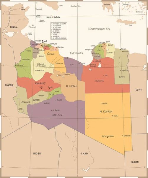 Mapa de Libia - Vintage ilustración vectorial detallada — Vector de stock