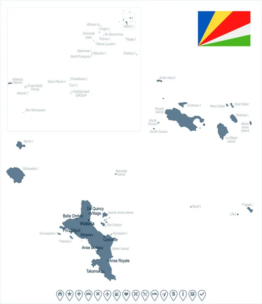 Seychelle - kaart en markeren van gedetailleerde vectorillustratie — Stockvector