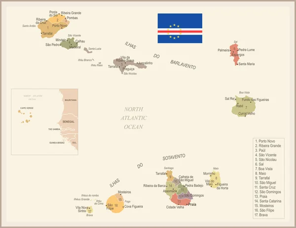 Cabo Verde - Mapa e bandeira vintage - Ilustração vetorial detalhada —  Vetores de Stock