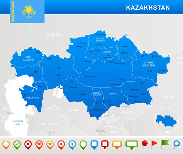 Cazaquistão - ícones de mapa, bandeira e navegação - ilustração vetorial detalhada — Vetor de Stock