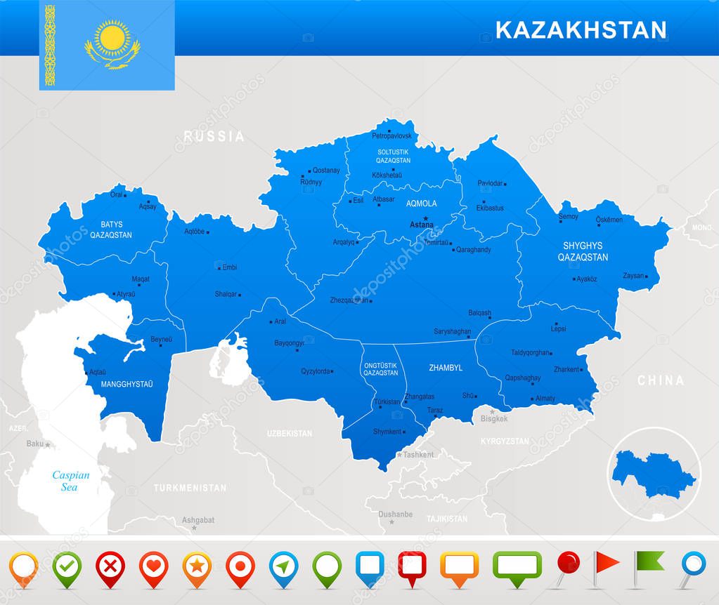 Kazakhstan - map, flag and navigation icons - Detailed Vector Illustration