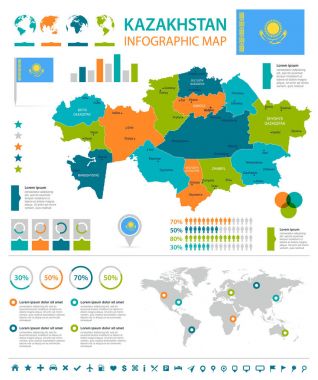 Kazakistan - Infographic harita ve bayrak - detaylı vektör çizim