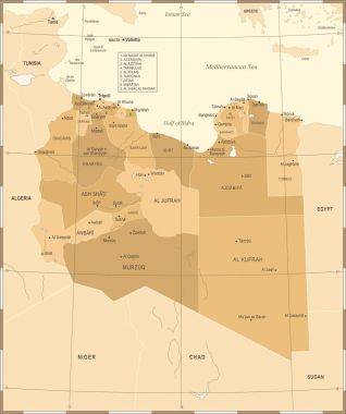 Libya Haritası - Vintage detaylı vektör çizim