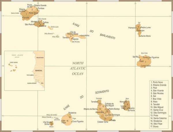 Mapa de Cabo Verde - Vintage ilustración vectorial detallada — Archivo Imágenes Vectoriales