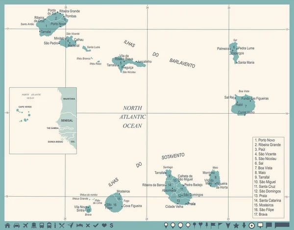 Mapa Wyspy Zielonego Przylądka - rocznika szczegółowe wektor ilustracja — Wektor stockowy