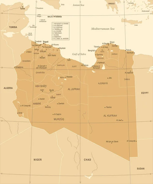 Mapa da Líbia - Ilustração vetorial detalhada vintage — Vetor de Stock