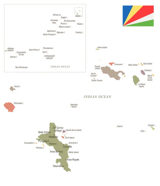 Seychelle - Mapa y bandera vintage - Ilustración vectorial detallada — Vector de stock