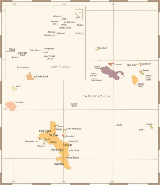 Mapa de Seychelles - Vintage ilustración vectorial detallada — Vector de stock