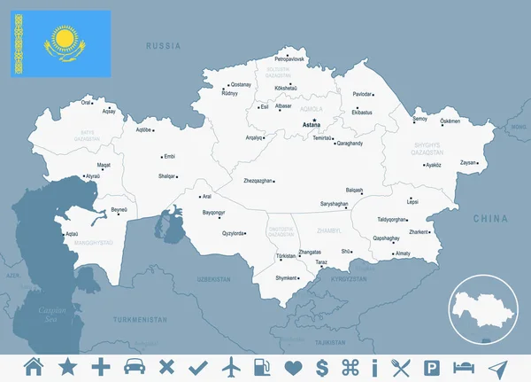 Kazajstán - mapa y bandera ilustración vectorial detallada — Vector de stock
