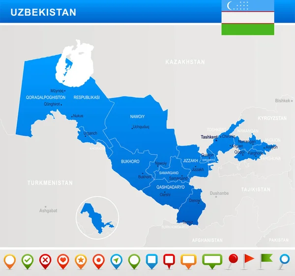 Uzbequistão - mapa, bandeira e ícones de navegação - ilustração vetorial detalhada —  Vetores de Stock