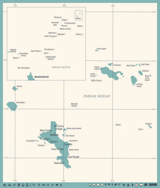 Mapa de Seychelles - Vintage ilustración vectorial detallada — Archivo Imágenes Vectoriales