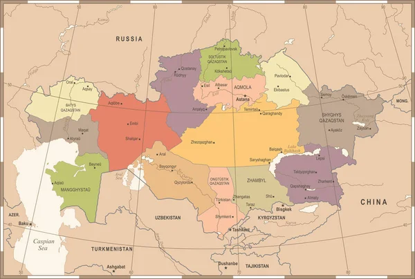 Mapa de Kazajstán - Vintage ilustración vectorial detallada — Vector de stock