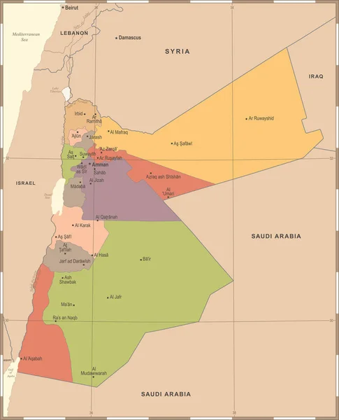 Jordanië Map - Vintage gedetailleerde vectorillustratie — Stockvector