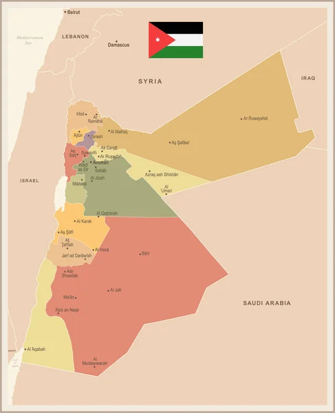 Иордания - винтажная карта и флаг - Детальная векторная иллюстрация — стоковый вектор