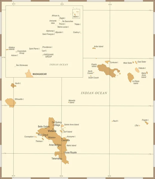 Mapa de Seychelle - Vintage ilustración vectorial detallada — Vector de stock