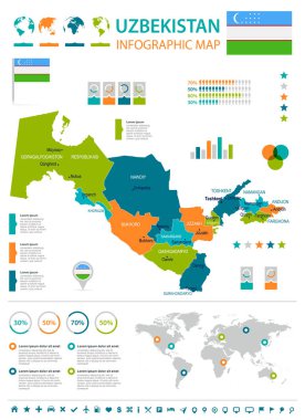 Özbekistan, - Infographic harita ve bayrak - detaylı vektör çizim