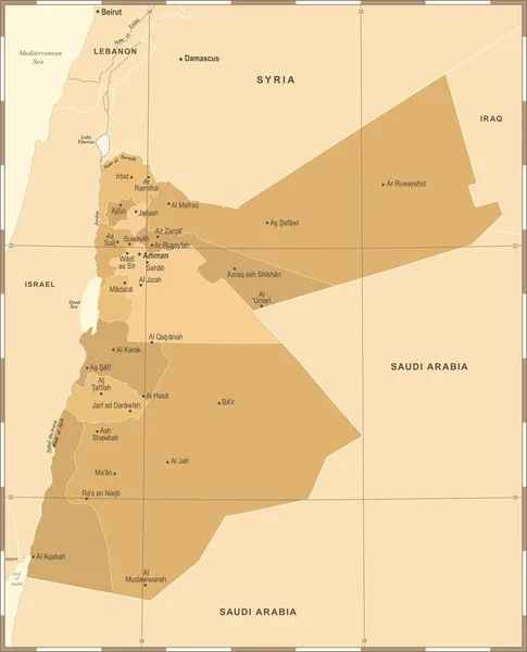 Jordan Map - Vintage részletes vektoros illusztráció — Stock Vector