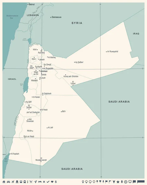 Ιορδανία Χάρτης - Vintage λεπτομερείς διανυσματικά εικονογράφηση — Διανυσματικό Αρχείο