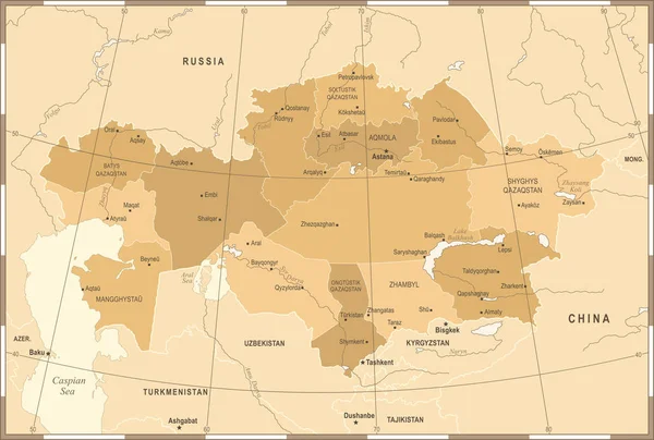 Mapa de Kazajstán - Vintage ilustración vectorial detallada — Vector de stock