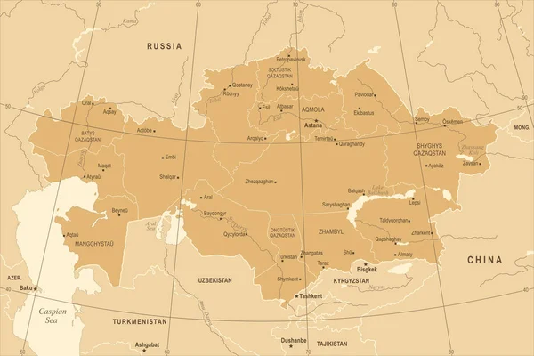Mapa de Kazajstán - Vintage ilustración vectorial detallada — Archivo Imágenes Vectoriales