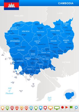 Kamboçya - harita, bayrak ve gezinme simgeleri - detaylı vektör çizim