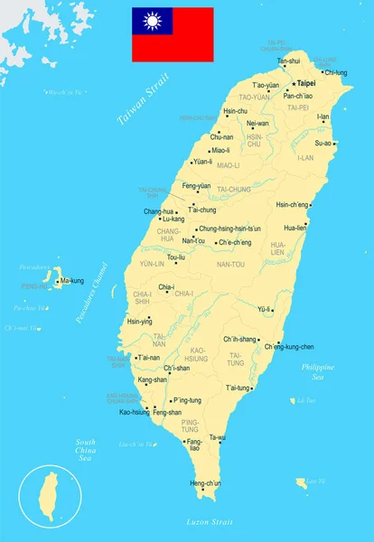 Tayvan, harita - detaylı vektör çizim — Stok Vektör