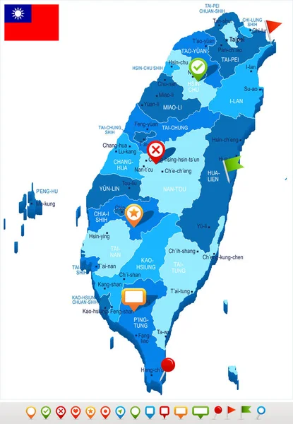 台湾 - 地図とフラグ - 詳細なベクトル イラスト — ストックベクタ