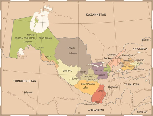 우즈베키스탄 지도-빈티지 상세한 벡터 일러스트 레이 션 — 스톡 벡터