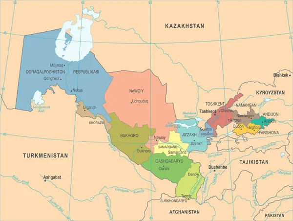 Uzbekistan-Mapa - szczegółowe wektor ilustracja — Wektor stockowy