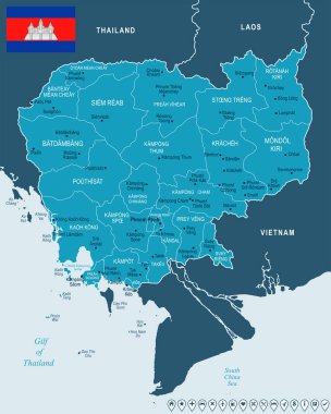 Kamboçya - harita ve bayrak - detaylı vektör çizim