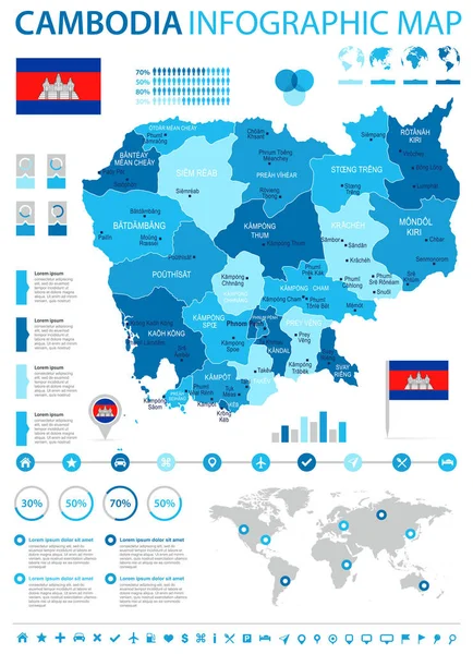 Kamboçya - Infographic harita ve bayrak - detaylı vektör çizim — Stok Vektör