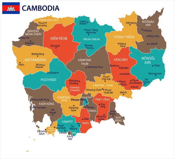 Camboya - mapa y bandera Ilustración vectorial detallada — Vector de stock