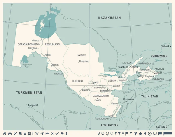 Uzbekistan-Mapa - rocznika szczegółowe wektor ilustracja — Wektor stockowy