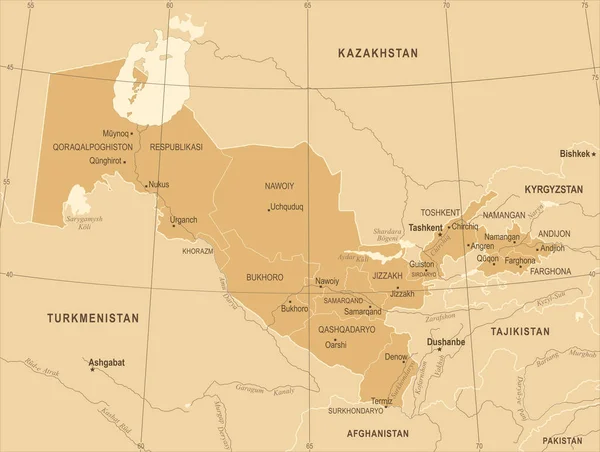 Mapa de Uzbekistán - Vintage ilustración vectorial detallada — Vector de stock