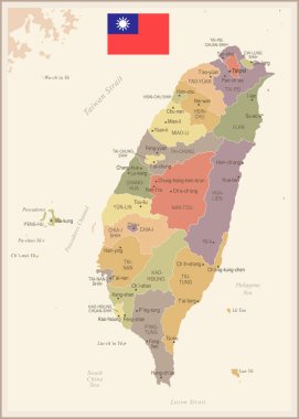 Tayvan - vintage harita ve bayrak - detaylı vektör çizim